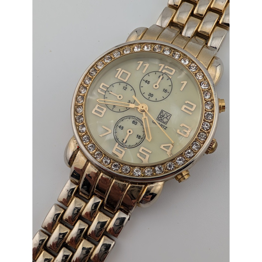 NY&C Watch Women 35mm Case Pearl Dial Gold 6.75" Band- New Battery